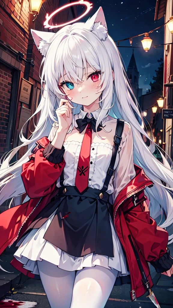 White pantyhose，White hair，crazy，Long hair，Cat ear，Heterochromia（Left blue right red），Female face，There are bright spots in the eyes，flat chest，red halo，night，uninhabited alley，Short skirt，With a knife，Blood stains on the face，Loss of light in the eyes，Shadow on the face，Fake laugh