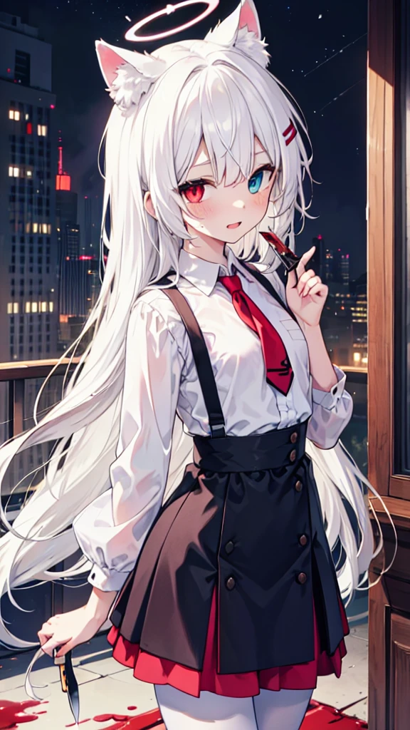 White pantyhose，White hair，crazy，Long hair，Cat ear，Heterochromia（Left blue right red），Female face，There are bright spots in the eyes，flat chest，red halo，night，uninhabited alley，Short skirt，With a knife，Blood stains on the face，Loss of light in the eyes，Shadow on the face，Fake laugh