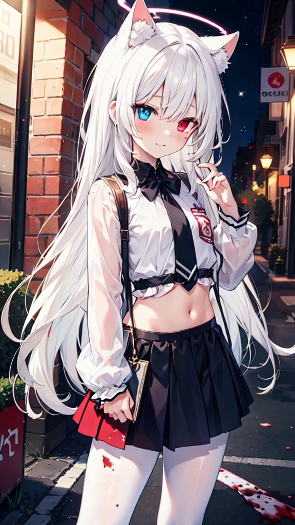 White pantyhose，White hair，crazy，Long hair，Cat ear，Heterochromia（Left blue right red），Female face，There are bright spots in the eyes，flat chest，red halo，night，uninhabited alley，Short skirt，With a knife，Blood stains on the face，Loss of light in the eyes，Shadow on the face，Fake laugh