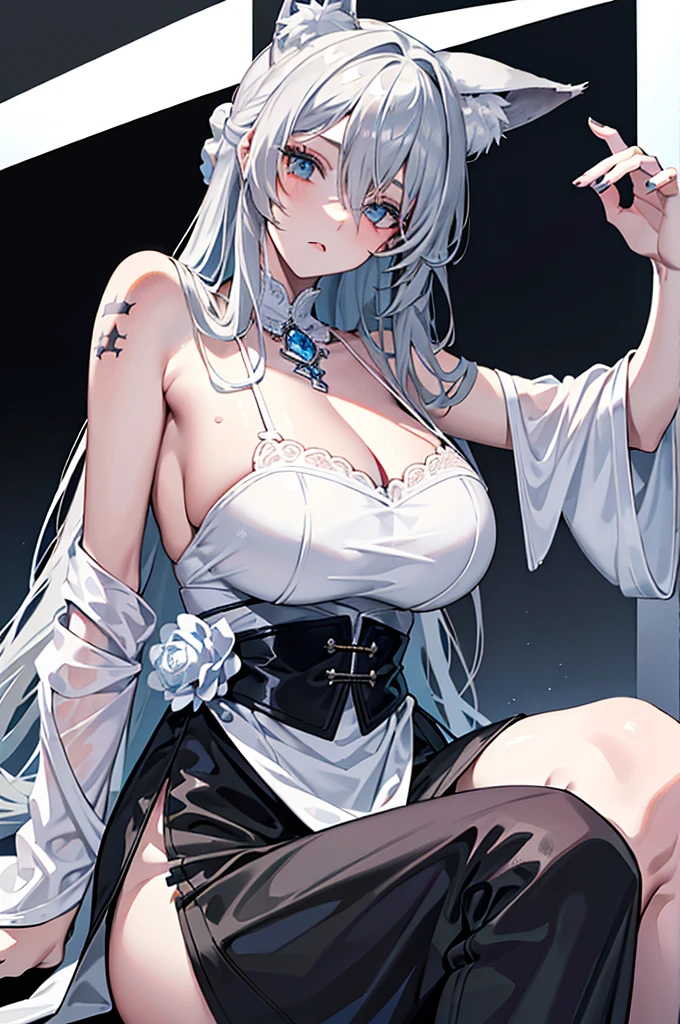 best qualtiy，tmasterpiece，The is very detailed，4K，Gray hair and shallow eyes，Drag cool expressions，Wolf ears，Erect scar on the left eye，British style，1girl，Absolutely beautiful, huge breasts, white costume, animal ear Scrunchie