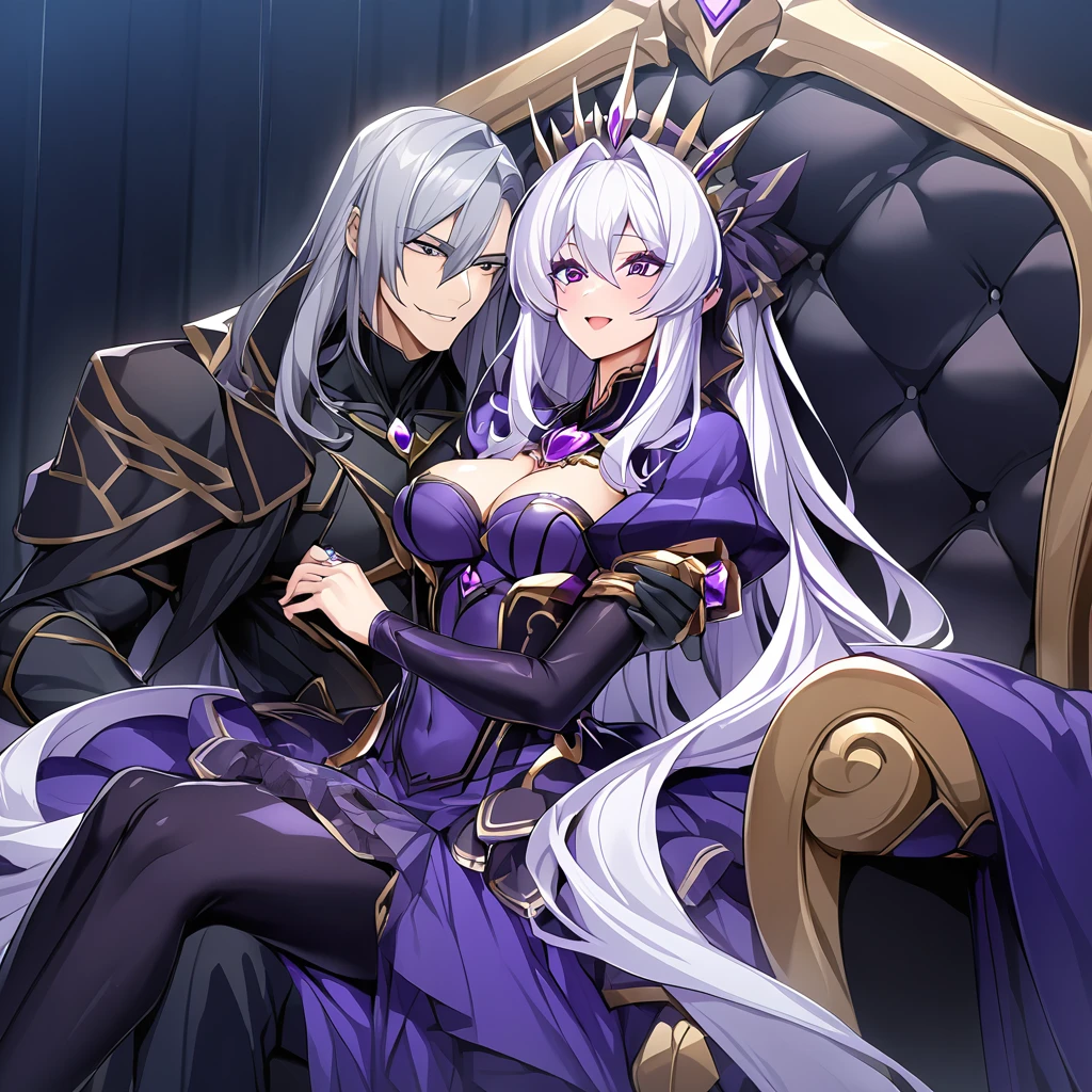 ((Highest quality)), ((masterpiece)), (detailed), (Perfect Face)、The woman is the evil queen Dark Extia, an evil transforming heroine with medium-long silver hair, wearing a gorgeous evil queen dress with gold embroidery and trim, gorgeous accessories, an engagement ring, and a happy expression as she holds a baby close to a man.、The man is the evil king, Naioro, a handsome man with medium-long silver hair, wearing a black bodysuit and embracing a woman.、A man and a woman are sitting close together on a luxurious throne、A man and a woman are a deeply loving couple