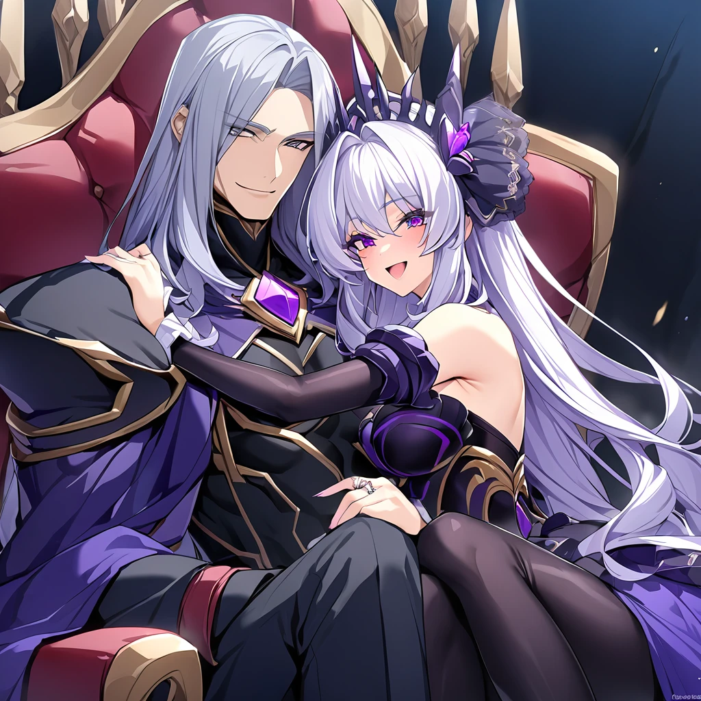 ((Highest quality)), ((masterpiece)), (detailed), (Perfect Face)、The woman is the evil queen Dark Extia, an evil transforming heroine with medium-long silver hair, wearing a gorgeous evil queen dress with gold embroidery and trim, gorgeous accessories, an engagement ring, and a happy expression as she holds a baby close to a man.、The man is the evil king, Naioro, a handsome man with medium-long silver hair, wearing a black bodysuit and embracing a woman.、A man and a woman are sitting close together on a luxurious throne、A man and a woman are a deeply loving couple