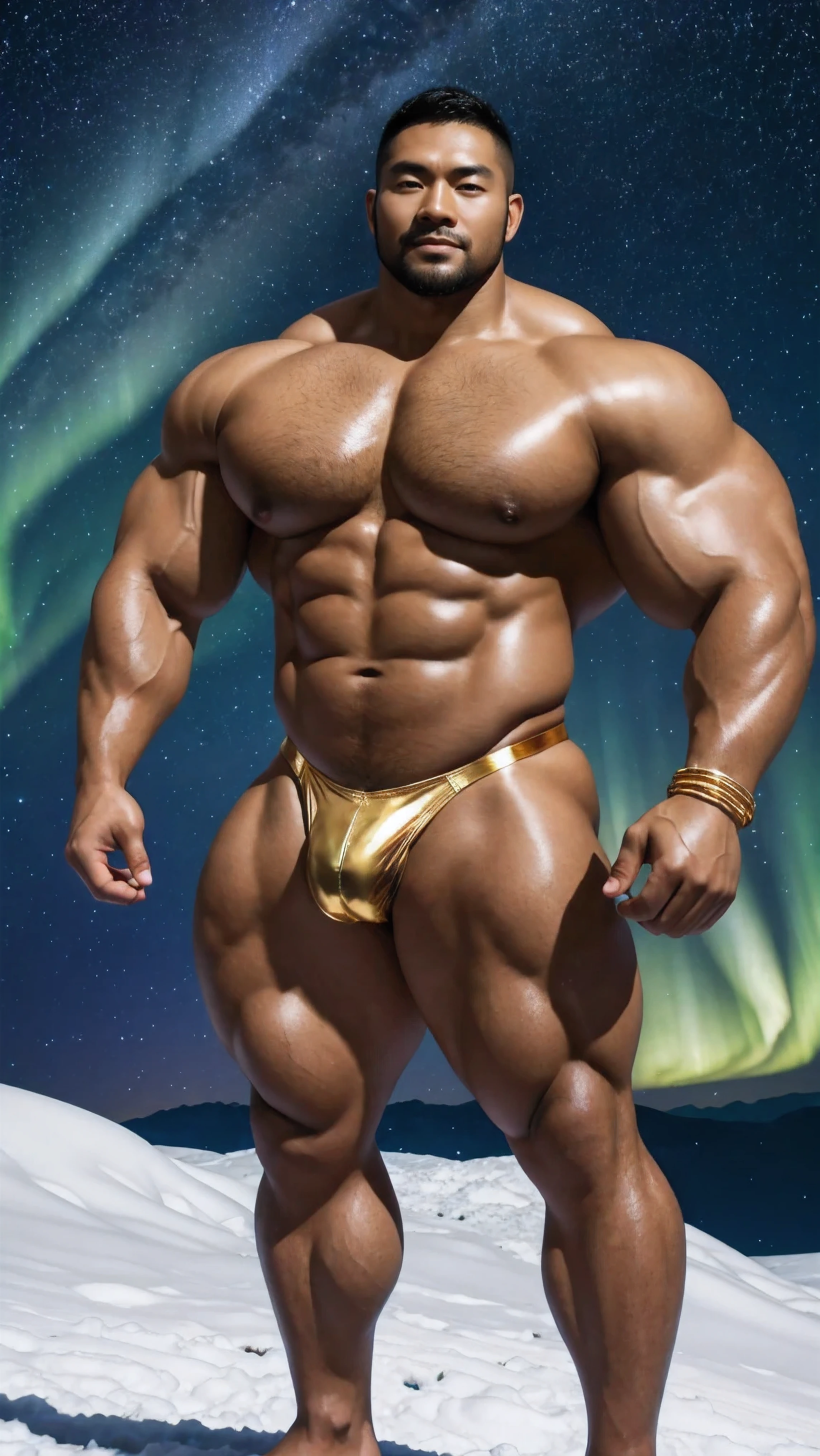 There is only one handsome Chinese man in the photo，35 years old，tall, Fitness，Smooth body，Smooth skin，No chest hair，short hair, O-Shaped Beard，Perfect body, Dark skin color，Radiant Skin，Smooth skin，Shiny, shiny skin，Smooth pectoral muscles，Muscle bulge, muscular, Very large pectoral muscles，Very sexy abdominal muscles，Very well-developed leg muscles，Huge concave and convex area，Brightens oily skin，Wearing a shiny gold leather thong，Handsome face，Normal human toes，Correct and accurate male body proportions，Gold Collar，Gold bracelet，Gold anklets，Standing in the snow，Night sky，A sky full of stars，There are auroras，Colorful，Charming dream scene，Epic。

