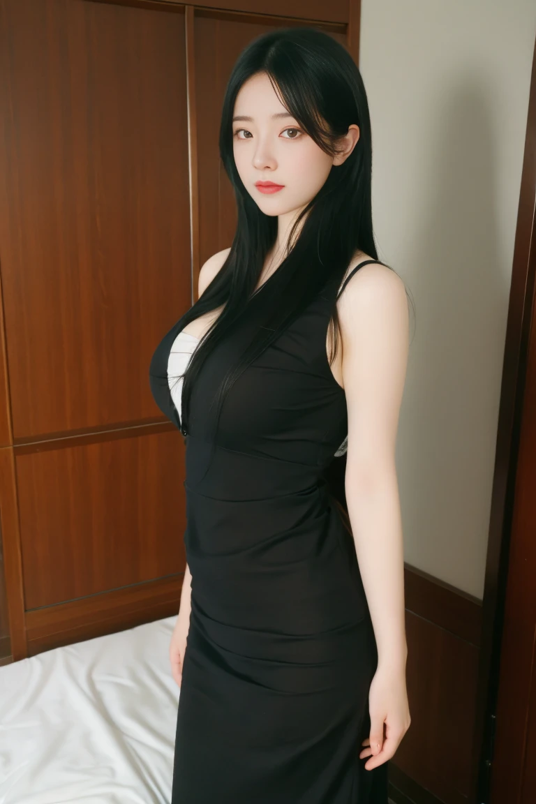 best quality, tmasterpiece,Ultra-high resolution,Clear face,(Reality:1.4),ferpect lighting,(full body), (photorealistic:1.50), anime wallpaper, Guviz style artwork, cover-up fantasy up to magic , by Yang J, Guviz, beautiful artwork illustration, beautiful digital artwork, beautiful digital illustration, Li Song, beautiful anime portrait, art style in Beauvot, 1girl, 独奏, long hair, black hair, (super Giant breasts), (shagging breasts), Dress, standing,