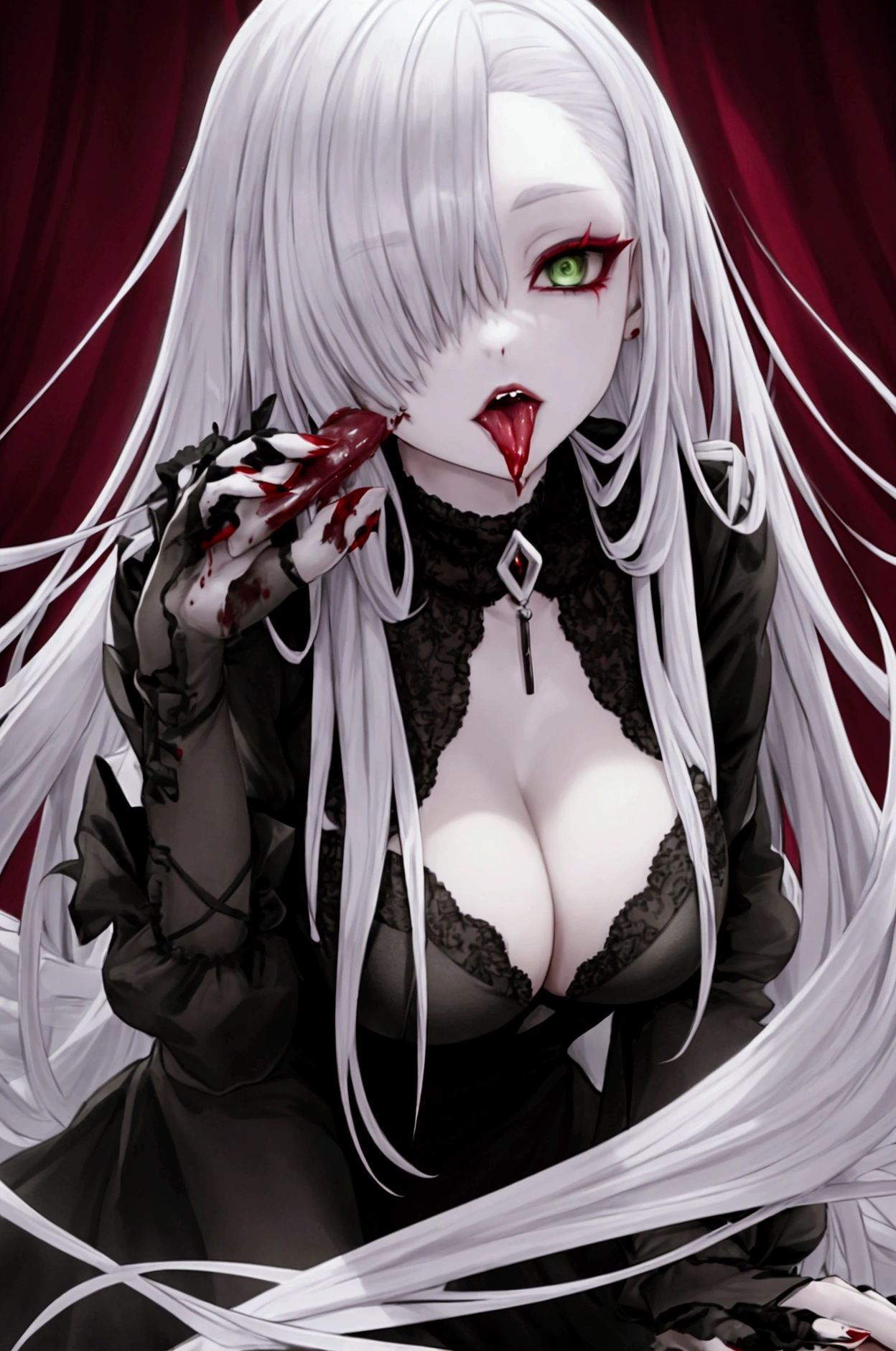 vampire,Silver Hair,girl,Green Eyes,Licking one's lips,Blood dripping onto the tongue,1 person,Bizarre