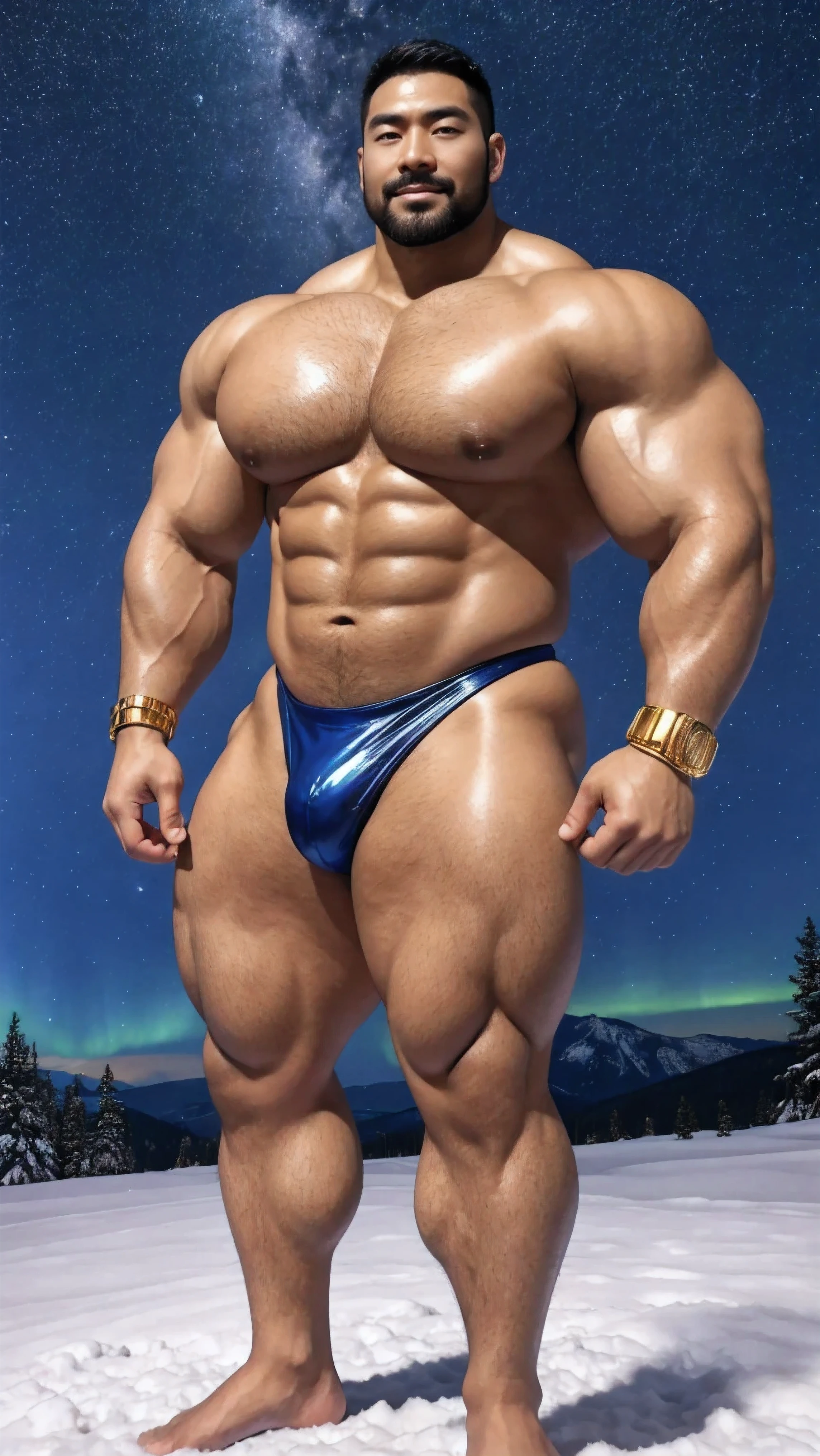 There is only one handsome Chinese man in the photo，35 years old，tall, Fitness，Smooth body，Smooth skin，No chest hair，short hair, O-Shaped Beard，Perfect body, Dark skin color，Radiant Skin，Smooth skin，Shiny, shiny skin，Smooth pectoral muscles，Muscle bulge, muscular, Very large pectoral muscles，Very sexy abdominal muscles，Very well-developed leg muscles，Huge concave and convex area，Brightens oily skin，Wearing a shiny gold leather thong，Handsome face，Normal human toes，Correct and accurate male body proportions，Gold Collar，Gold bracelet，Gold anklets，Standing in the snow，Night sky，A sky full of stars，There are auroras，Colorful，Charming dream scene，Epic。
