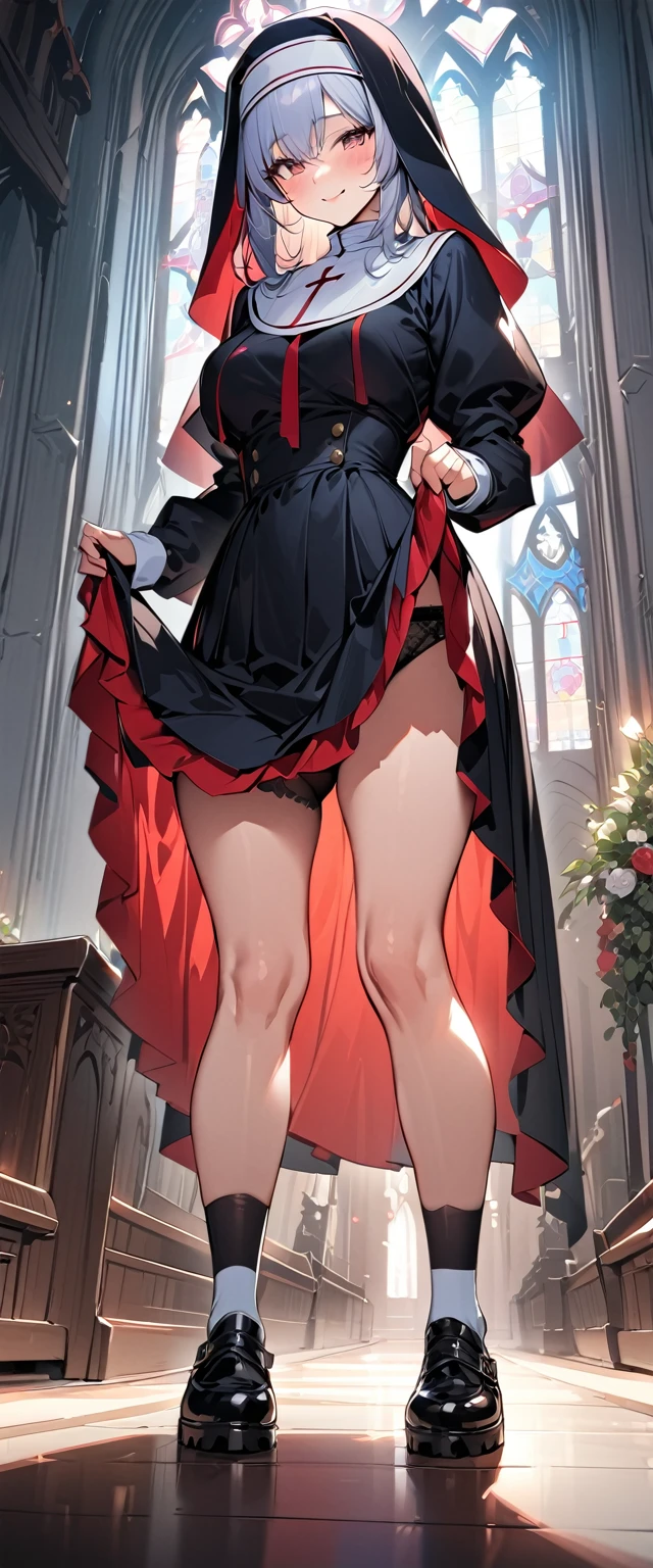 (masterpiece),(Highest quality),(Super detailed),(High resolution),(Highest quality),(An illustration),8k,One female,Beautiful Skin,Beautiful Face,,smile,front,Nun,Nunの衣装,(church),(Functional),((Having her skirt lifted by another believer,Stand with your legs wide apart,Showing off obscene panties)),(Hand,detailed,perfect,perfection,hands)