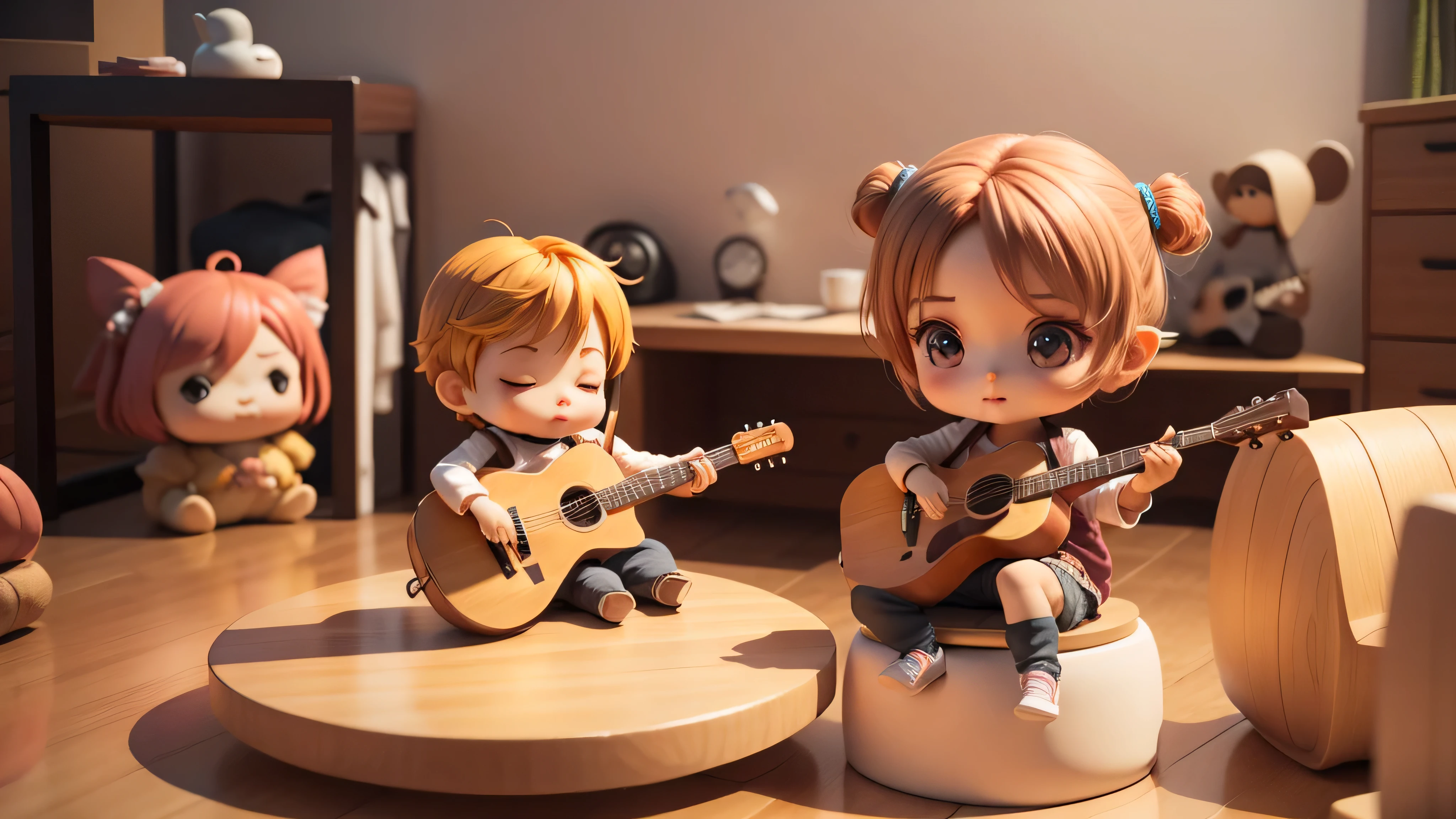 Anime Baby Chibi Cute、(((Chibi 3D))) (best quality), (table top)、Brown hairstyle、Chibi Housing Exhibition、sample room、detailed face、relax,man holding guitar