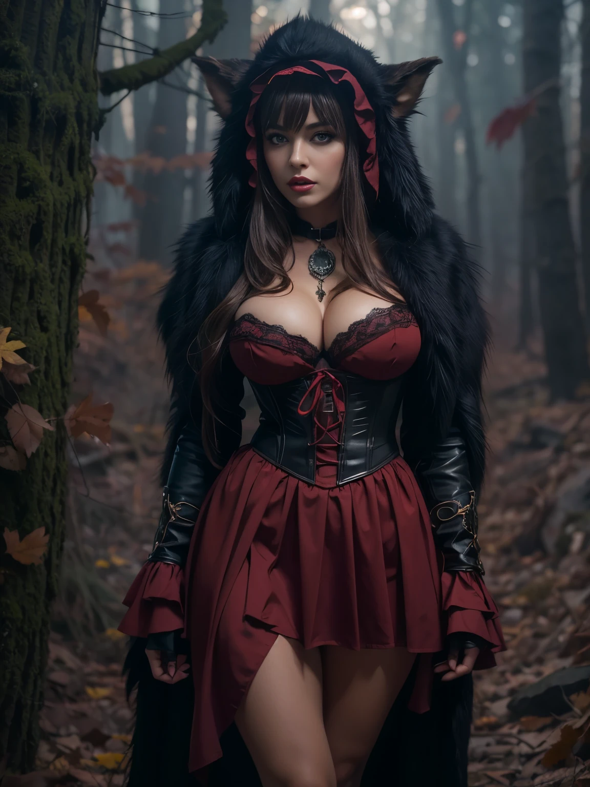 masterpiece, best quality, expressive eyes, perfect face, large breast, small waist, perfect figure, highly detailed, showing cleavage, brown eyes, bangs, full body portrait, in the misty woods, wearing hood, corset dress, red lips, pleated skirt, black stockings.((standing near a red werewolf ))