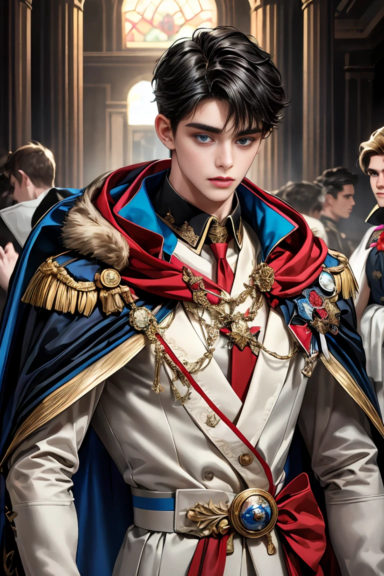 
masterpiece, 最high quality, high quality, 1 boy, alone, Male focus, Watching the audience,  Messy black hair, Adorable big blue eyes, White people, Noble, Noble,Sexy voluminous cape、vampire、A very voluminous, large, very large, very large, long, long red and black cape with a high stand-up collar, made of a lot of fabric that reaches down to the floor., 17 years old,Cute beautiful boys,Cute, cute, kind, handsome guy