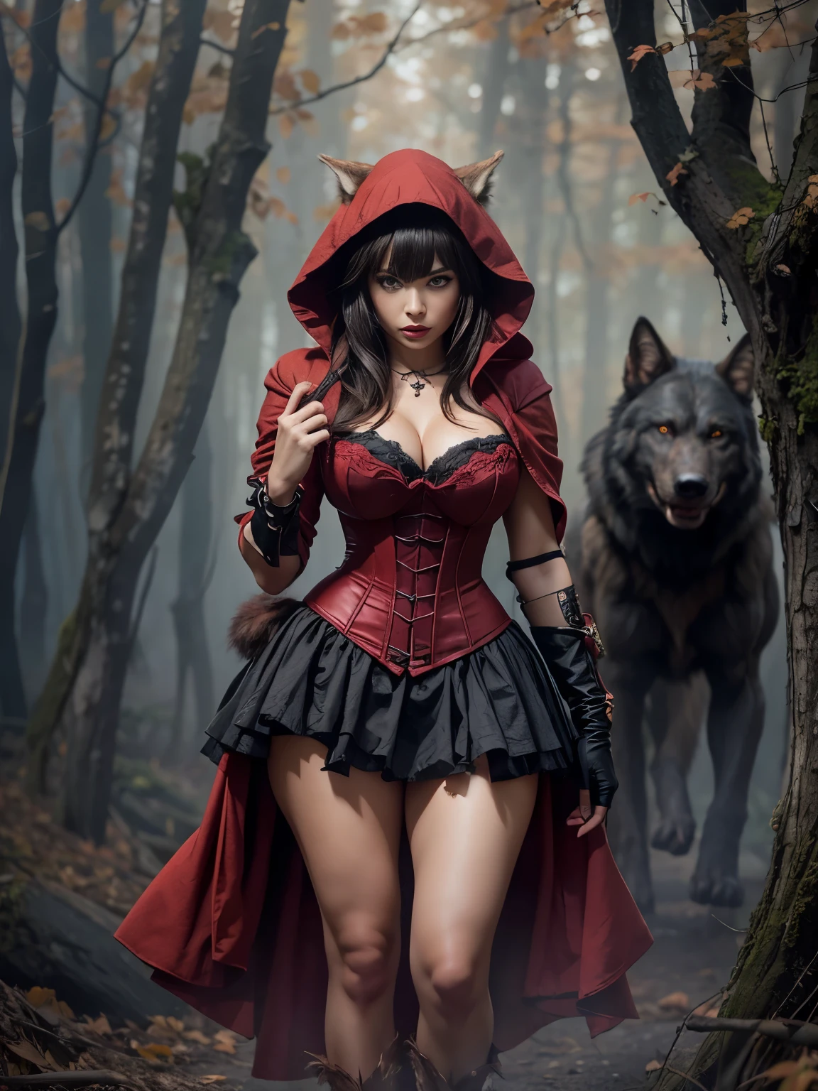 masterpiece, best quality, expressive eyes, perfect face, large breast, small waist, perfect figure, highly detailed, showing cleavage, brown eyes, bangs, full body portrait, in the misty woods, wearing hood, corset dress, red lips, pleated skirt, black stockings.((standing near a red werewolf ))