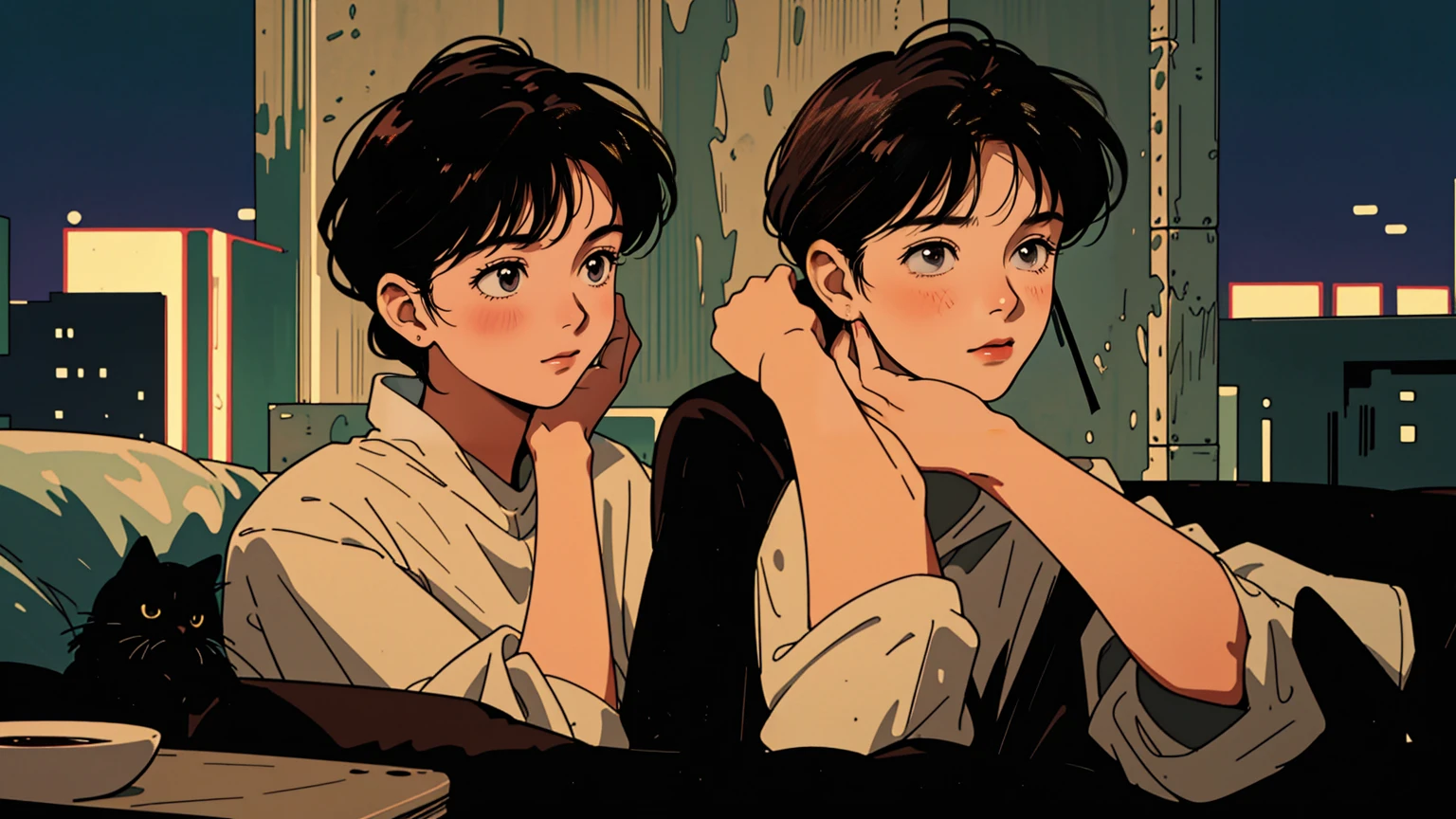 1girl, 1990s style, 2010s hairstyle, long dark hair, bright brown eyes, cityscape, cityscape at night, relaxed pose, relaxing with coffee and snacks, black cat, headphones, full body shot, (best quality,8k,highres,masterpiece:1.2),ultra-detailed,(realistic,photorealistic,photo-realistic:1.37),highly detailed face and eyes,extremely detailed eyes and face,longeyelashes,soft lighting,warm colors,cinematic