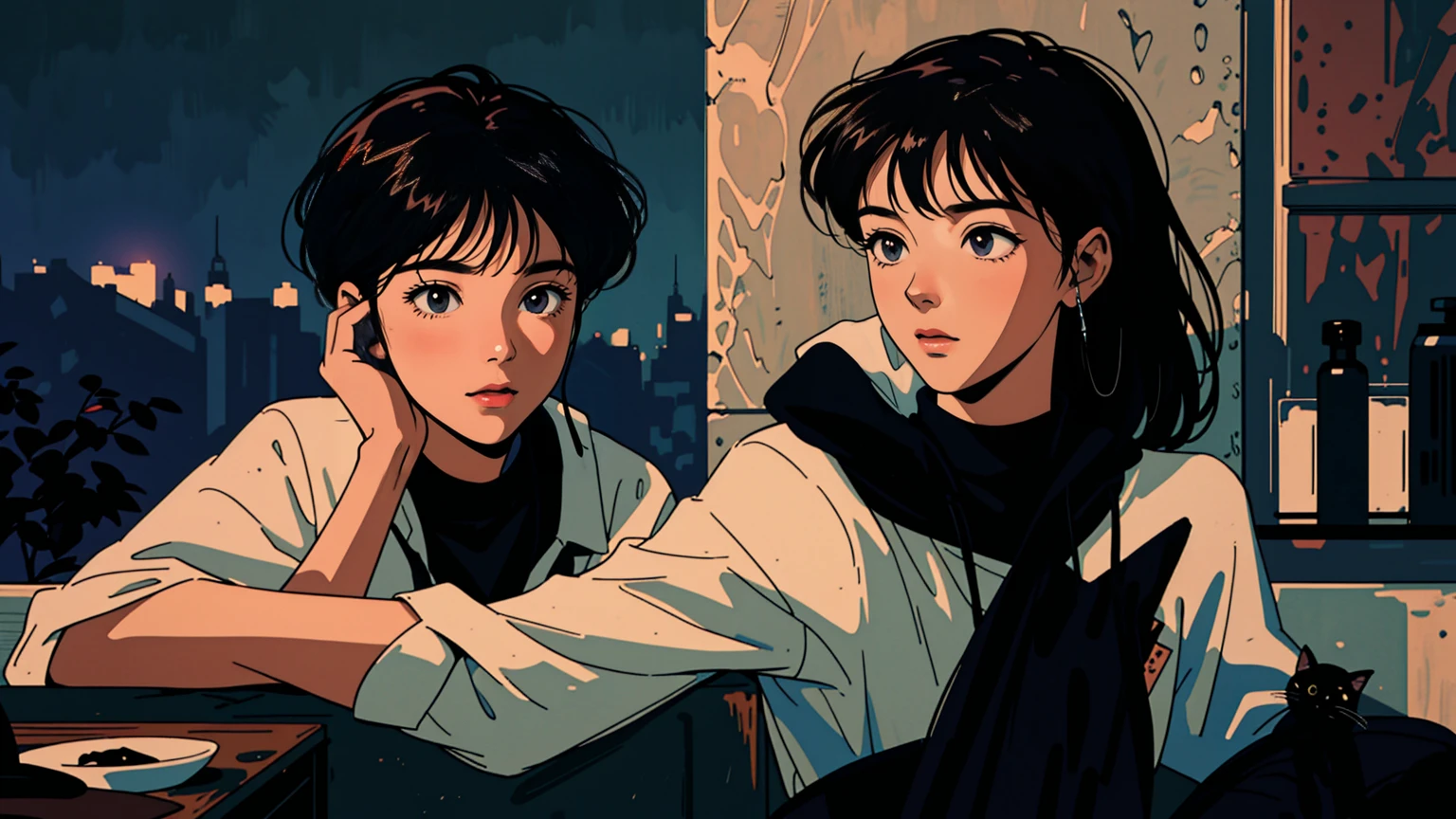 1girl, 1990s style, 2010s hairstyle, long dark hair, bright brown eyes, cityscape, cityscape at night, relaxed pose, relaxing with coffee and snacks, black cat, headphones, full body shot, (best quality,8k,highres,masterpiece:1.2),ultra-detailed,(realistic,photorealistic,photo-realistic:1.37),highly detailed face and eyes,extremely detailed eyes and face,longeyelashes,soft lighting,warm colors,cinematic