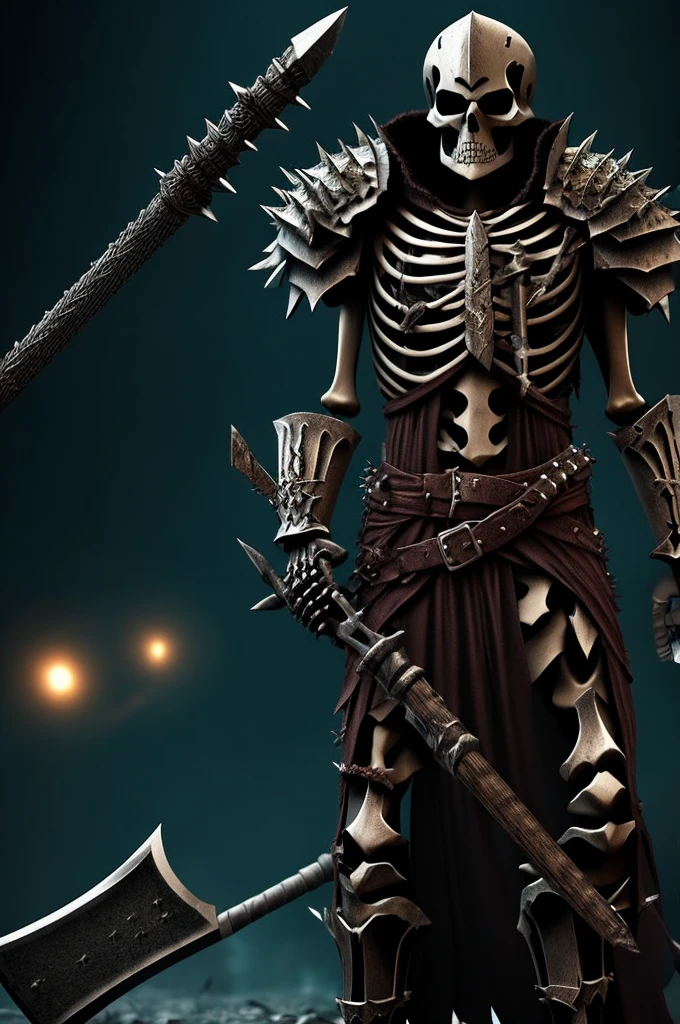 draw a skeleton wearing spiked armor, holding an axe with blood, fighting zombies in a dark environment