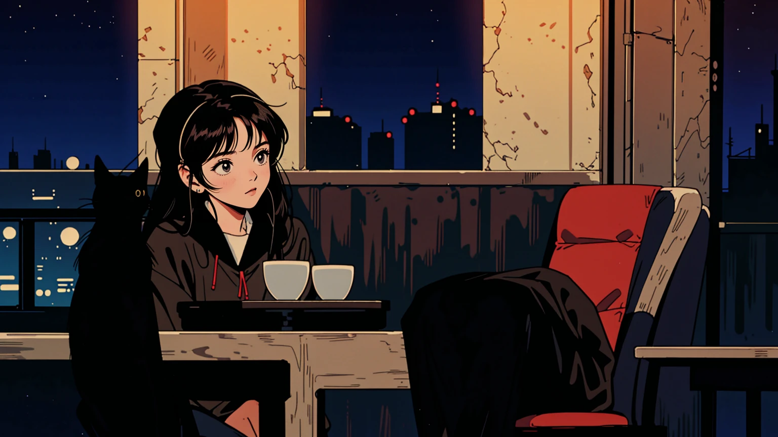 best quality, 8k, 1990s style,2010s hairstyles, 21 year old girl, black hair, long hair, light brown eyes, city pop, pants ,night view, wearing headphones, whole body,  relax coffee,table,confection,Looking at me, Black cat
