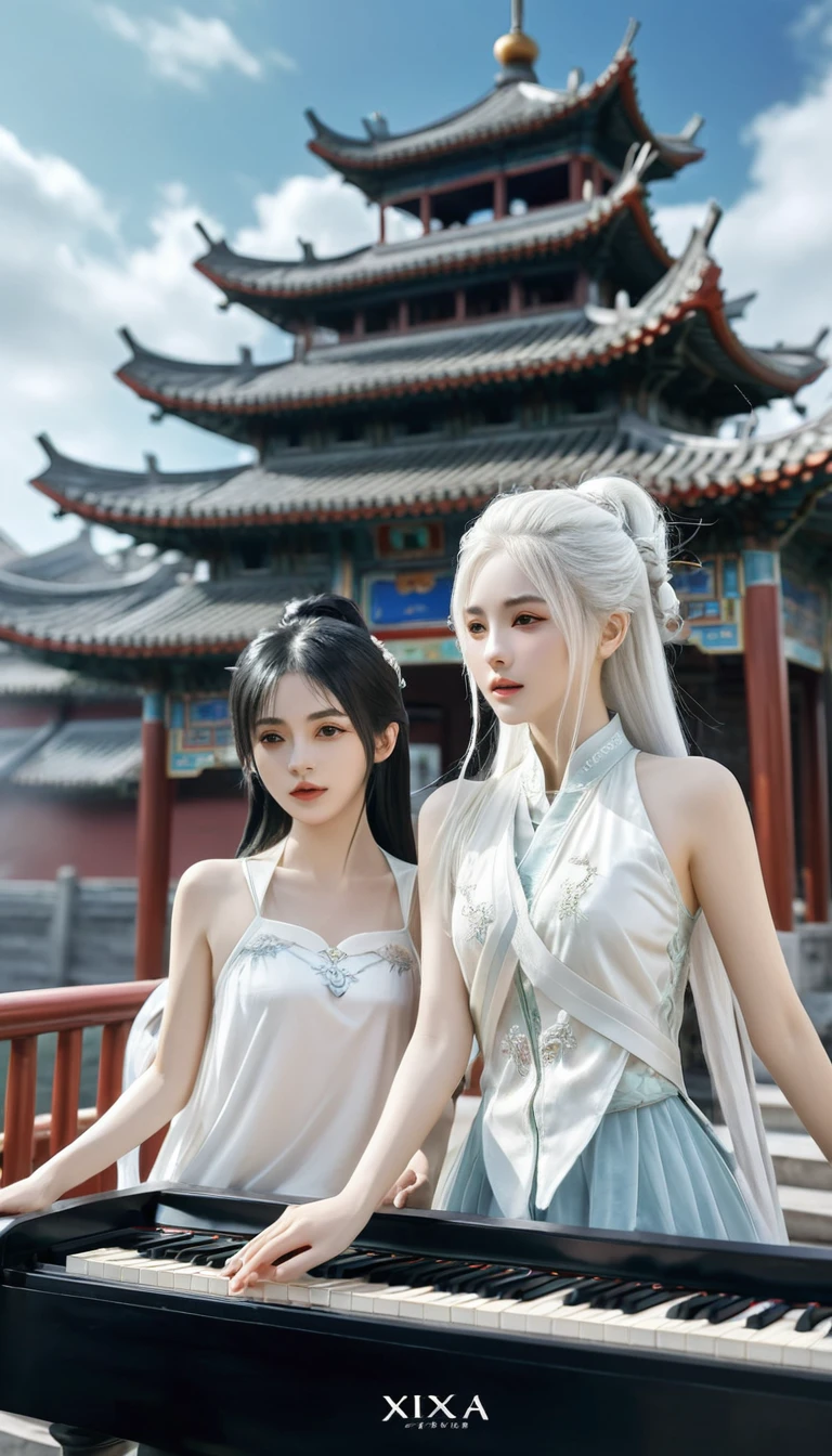 Two girls, A girl holding a piano, A girl holding a pipa, White hair, xianxia fantasy, CG social popularity, Chinese Tower, Foreground floats, Messy hair, Motion Blur, light, Blurred foreground, Movement Line, High Detail, 16K, high resolution, Textured Skin, Super Detail