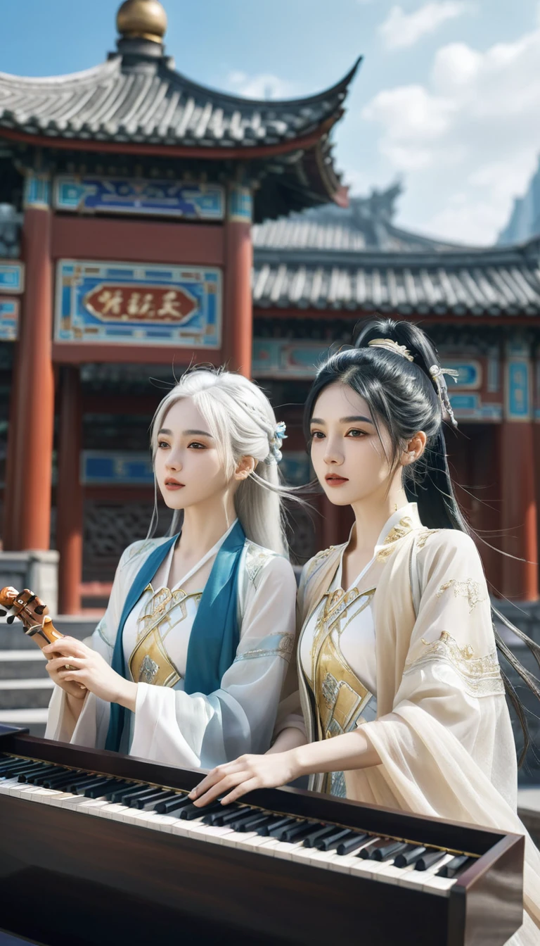 Two girls, A girl holding a piano, A girl holding a pipa, White hair, xianxia fantasy, CG social popularity, Chinese Tower, Foreground floats, Messy hair, Motion Blur, light, Blurred foreground, Movement Line, High Detail, 16K, high resolution, Textured Skin, Super Detail