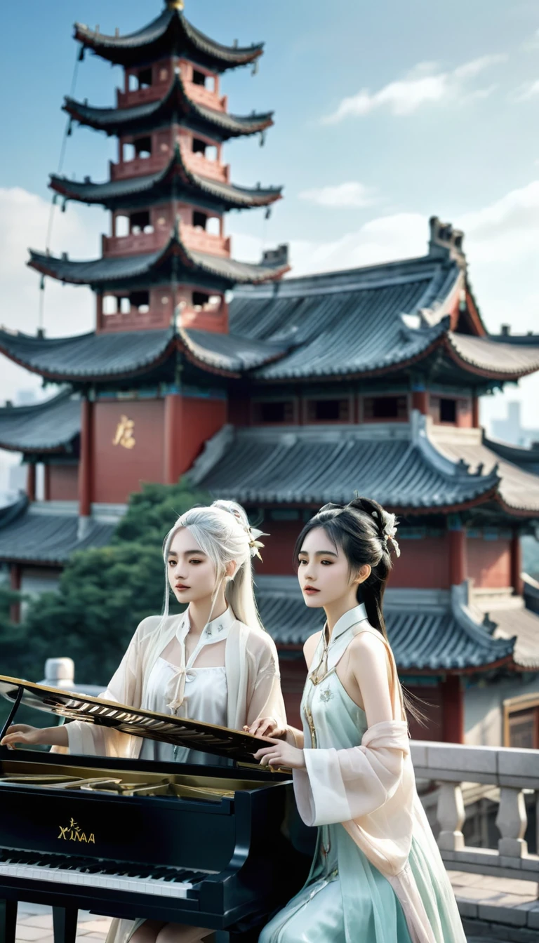 Two girls, A girl holding a piano, A girl holding a pipa, White hair, xianxia fantasy, CG social popularity, Chinese Tower, Foreground floats, Messy hair, Motion Blur, light, Blurred foreground, Movement Line, High Detail, 16K, high resolution, Textured Skin, Super Detail