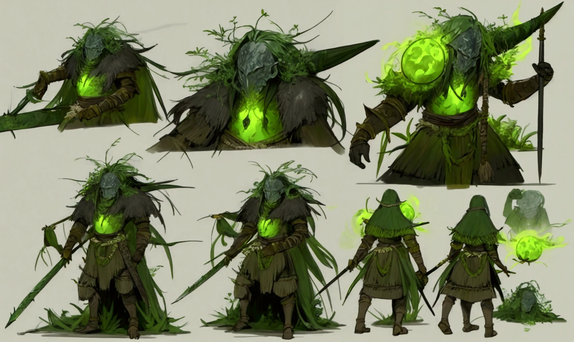 elden ring, dark souls, concept art sheet, items, weapons: Tribal Warrior covered in moss and jungle plants