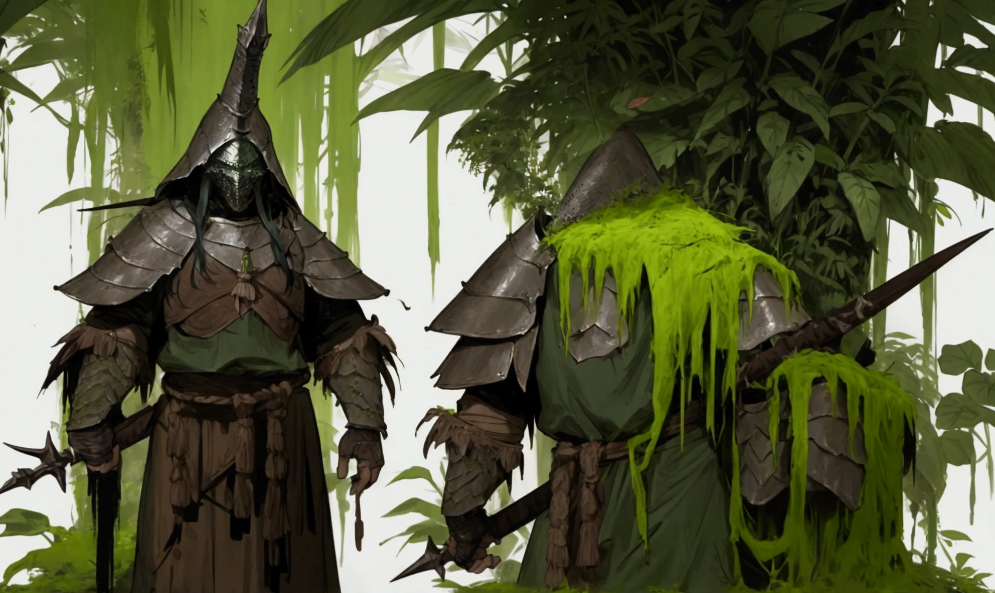 elden ring, dark souls, concept art sheet, items, weapons: Tribal Warrior covered in moss and jungle plants