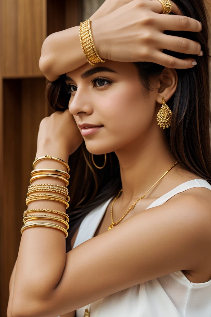 Generate a girl wearing gold bangle 