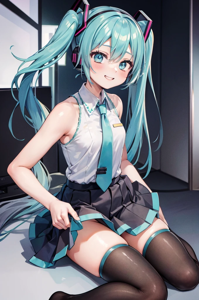 , One girl, hatsune miku, smile, Twin tails, headset, Sleeveless shirt, tie, skirt, Knee socks, naked