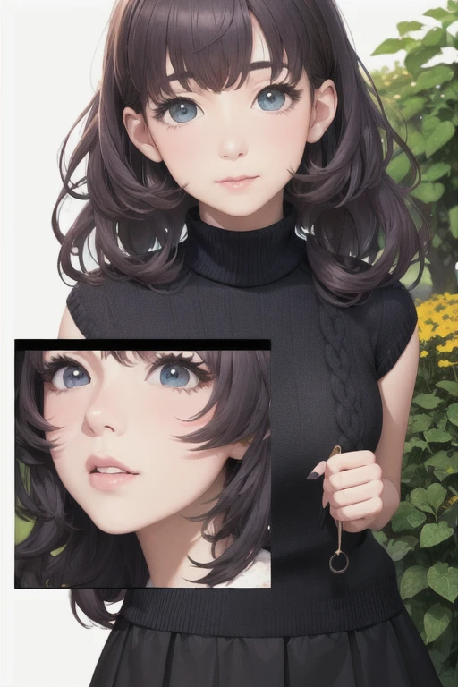girl,Character design sheet,Beautiful attention to detail,Beautiful lip detail,Very detailed目と顔,Long eyelashes,Realistic,photoRealistic:1.37,Very detailed,Professional,Vibrant colors,Portraiture,Studio Lighting,Sharp focus,Physically Based Rendering,High resolution,超High resolution. blue eyes,Big eyes, Long Hair,Curly hair、Black Hair,Red cheeks,Droopy eyes,Black turtleneck,Red Cardigan,Black long skirt、garden,smartphone