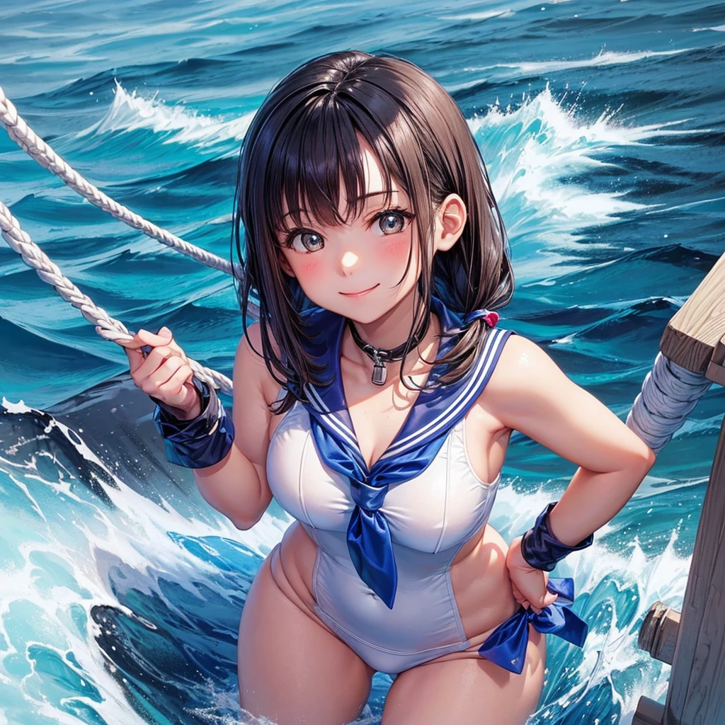 1ung_teirls、loli、bwn_hair、short_ponytail, long_bangs、blue_midriff_baring_sailor_uniform、mini_skirt、short_sleeve、thighthighs、big_tits, sleepy, Sorrisos、open_mouth、dynamic_pose, childlike_posing ,harbor,dock_background、spread_legs、happiness、NSFW、short_gloves, (wet:1.4),transparent,covered_nipples, covered_crotch, under_tits, sweat, bare_thighs, large_ass, covered_anal, back_view,