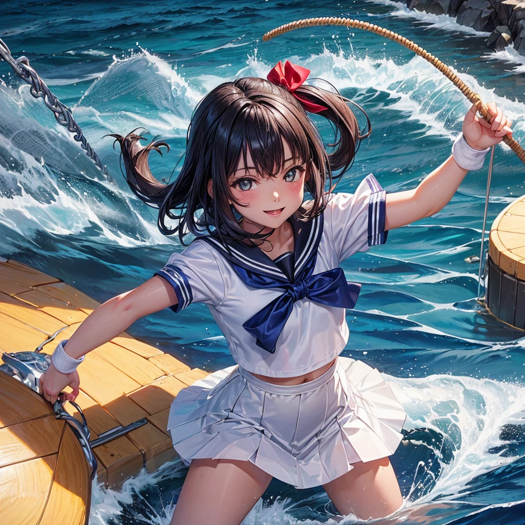 (((Pixel Perfect,Perfect in every detail))), alone,Girl ,smile,Sailor suit，NSWF,A cute whip，Swinging a long, thick rope，odor