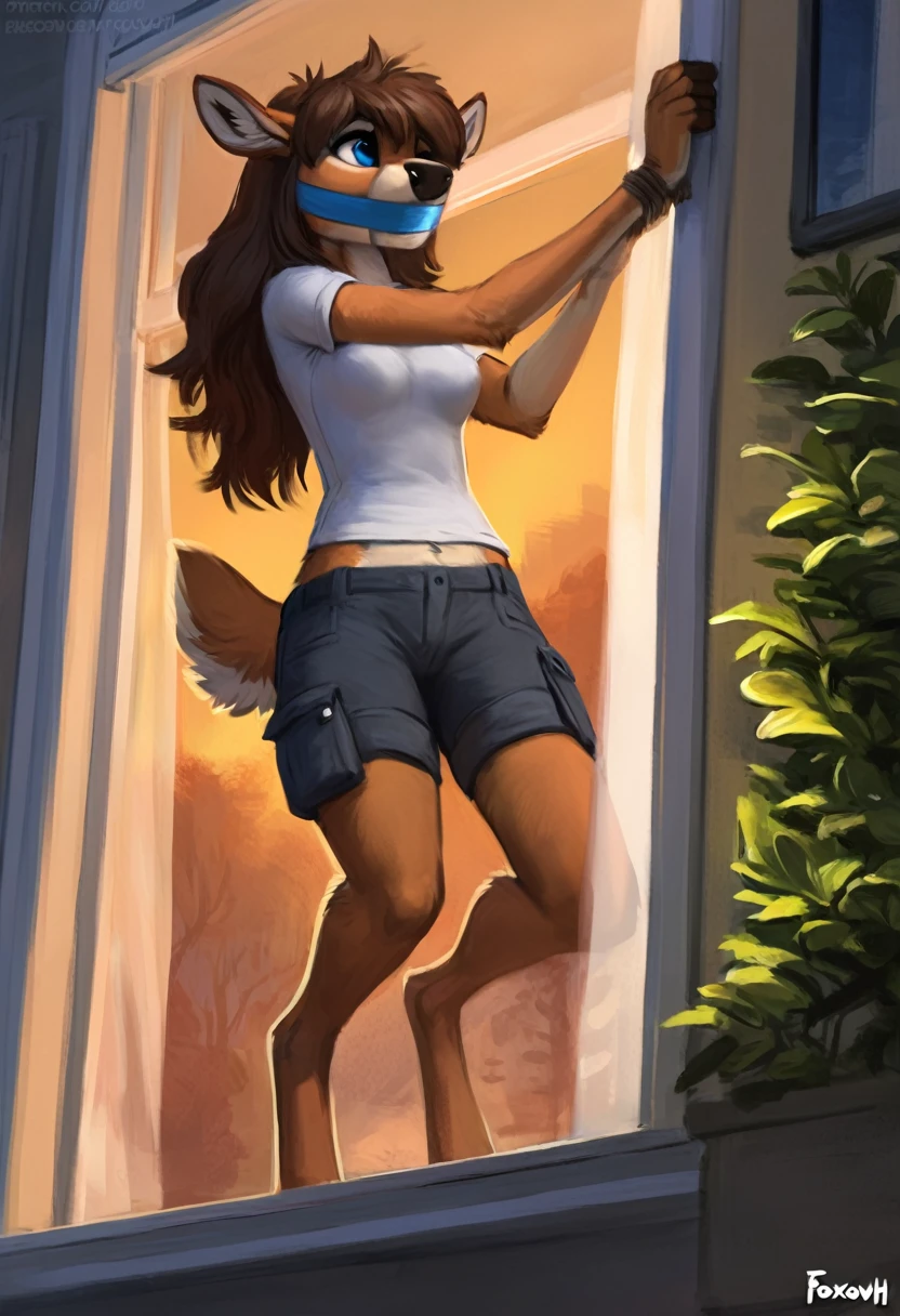 uploaded the e621, beautiful and detailed portrait of a (((female))) small very young solo age young anthro female deer doe with with small hips and a skinny body and ((clear navy blue eyes)), ( small legs and hips :1.5), small pelvis, Slim waist, wearing cargo pants and a shirt, sitting on a window sims, staring out into an alien planet with glowing plants and bioluminescent trees at midnight , long brown hair, kenket, Ross Tran,ruan jia, uploaded to e621, zaush, foxovh, zenematic lighting, deer,full body, deer tail, day, beautiful, messy hair, brown hair, 1girl, solo, night, tape mouth gag, detailed,hair covering eyes, black and brown hair, long hair floating in the wind, beautiful, (sublime: 1.0), (Extremely sensitive: 1.0), Hands tied with tape, Legs tied with tape