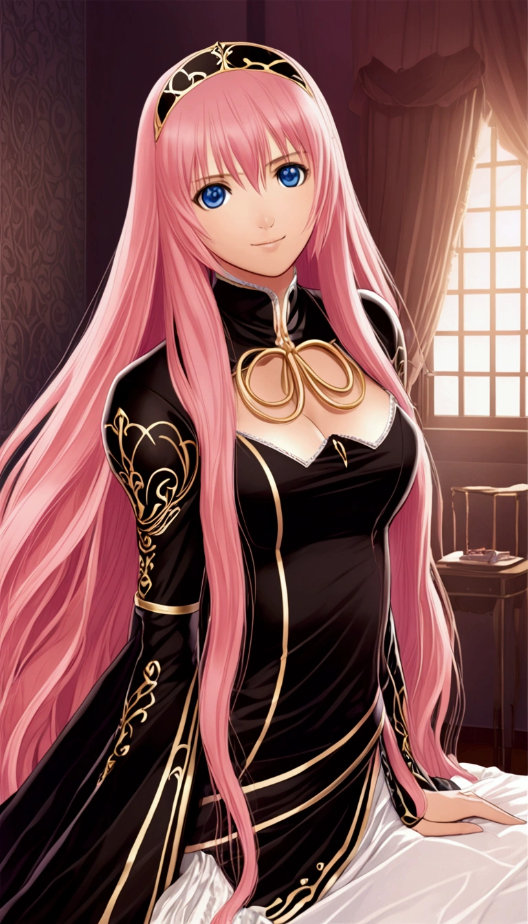 Detailed and beautiful depiction 1.1,Official Art,Beautiful adult woman ,Megurine Luka in official costume,Pink long hair,blue eyes,smile,Bedroom