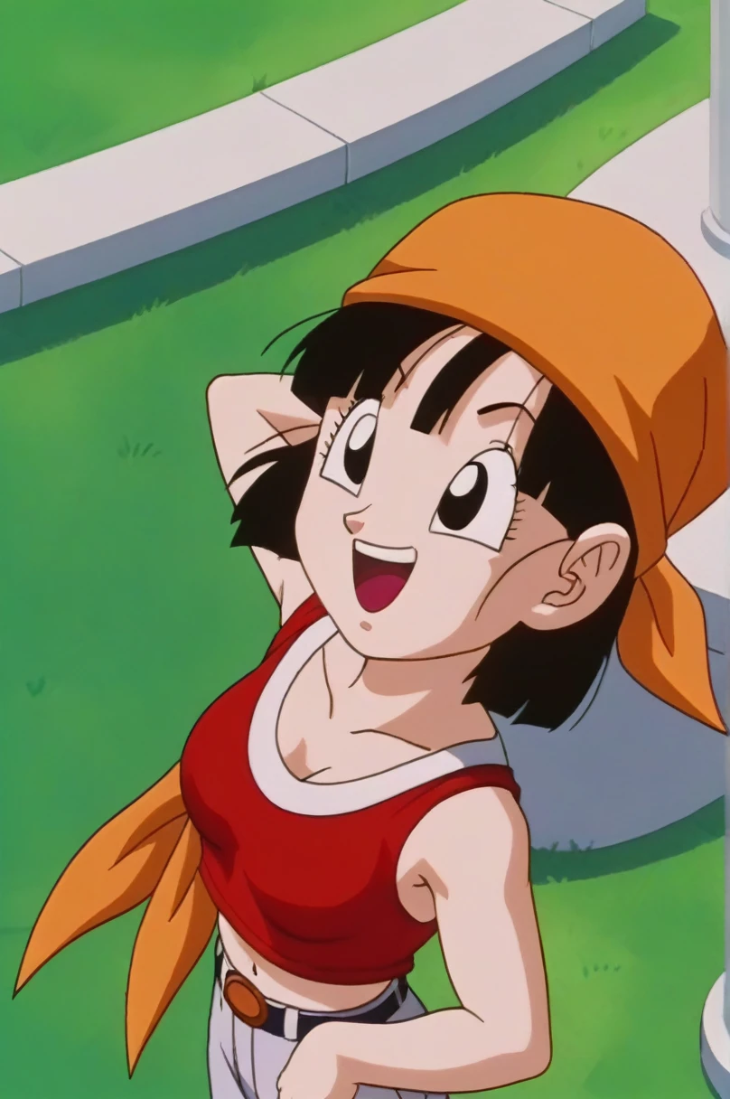 fountain_cheered up, score_9, score_8_above, score_7_above, cheered up screencap,8k, absurd resolution,
Pan \(Dragon Ball\), 1 girl, Alone, SMILE, Open mouth, hits, happy, Grass, black fur, Field, clavicle, aboveper body, :d, teeth, blunt hits, outdoor, black eyes, arm above, eyelashes, aboveper teeth only, happy, Red shirt, golden ornaments, in front of the viewer, close-above, bandana, retro artStyle, , 1990s \(Style\), orange scarf, language, arched eyebrows, arms above, short hair, medium chest, showing buttocks, 2nalgas, perfect anatomy, skimpy clothing, medium breasts, medium rear, unclothed, bare shoulders, big sexy ass, medium hips
