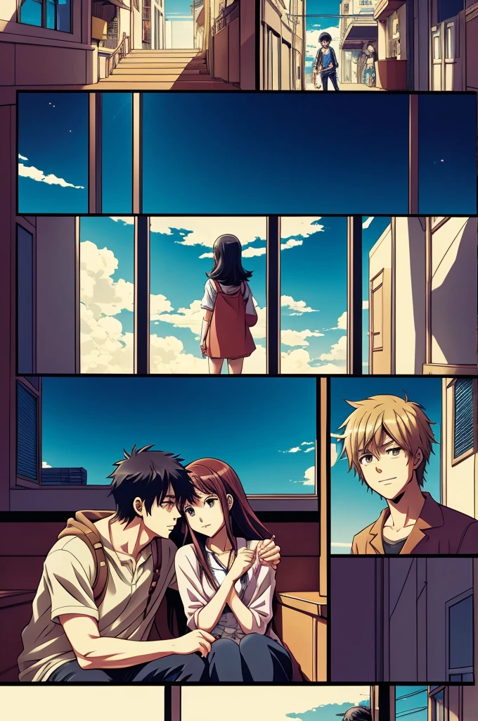 Comic with anime style where the relationship of two people is reflected in 6 vignettes