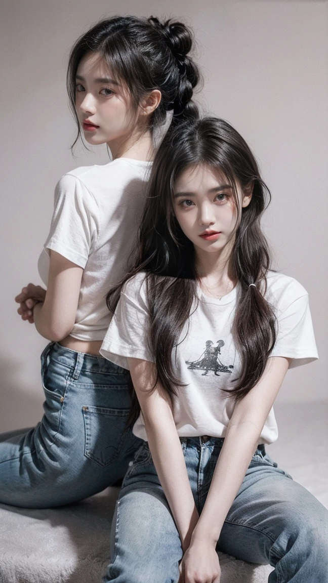 Create a realistic portrait of 2 girls, twin girl with long, dark hair tied in ponytails, both wearing casual white t-shirts with graphic prints and ripped jeans. carrying pose, giving a sense of companionship and unity. The background is simple and minimalistic, with soft lighting that casts subtle shadows, highlighting their features and expressions. The overall mood of the image is modern and stylish, with a touch of casual elegance.
