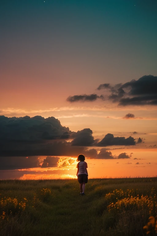 a girl, with short hair and dressed in a , chubby girl, on your back looking towards a sunset. Her hair moves in the wind. You can see more of the sky and orange, yellow and red predominate a lot.