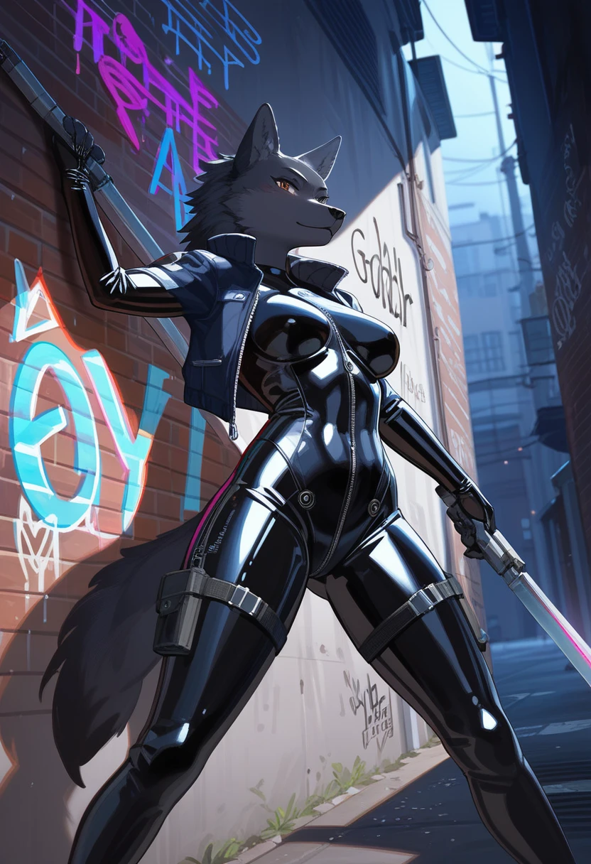 animation, Highest quality, Highest quality, High quality illustrations, masterpiece, Ultra-high resolution, Detailed Background, Alley, night, Graffiti art on the wall, Absurd, Perfect Anatomy, performance, Good lighting, Shadows in the movies(kemono, Furry Personifi猫ion), Wolf, woman, Black Skin, Rubber suit, latex, neon, neonライト, neonカラー, Bodysuits, Cyber Suit, Mech Suit, Rubber Half Jacket, cyber punk, Blade Runner, Holding a blade