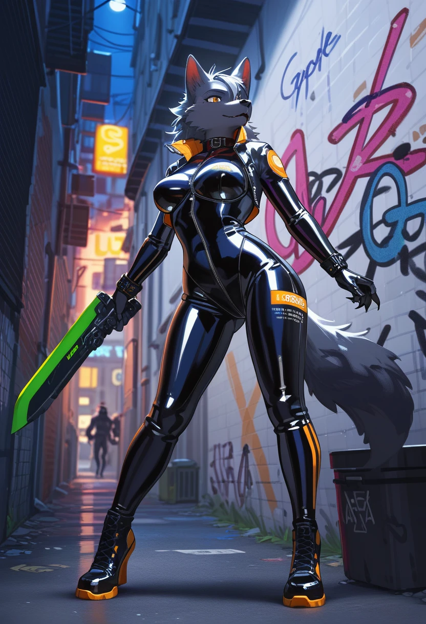animation, Highest quality, Highest quality, High quality illustrations, masterpiece, Ultra-high resolution, Detailed Background, Alley, night, Graffiti art on the wall, Absurd, Perfect Anatomy, performance, Good lighting, Shadows in the movies(kemono, Furry Personifi猫ion), Wolf, woman, Black Skin, Rubber suit, latex, neon, neonライト, neonカラー, Bodysuits, Cyber Suit, Mech Suit, Rubber Half Jacket, cyber punk, Blade Runner, Holding a blade