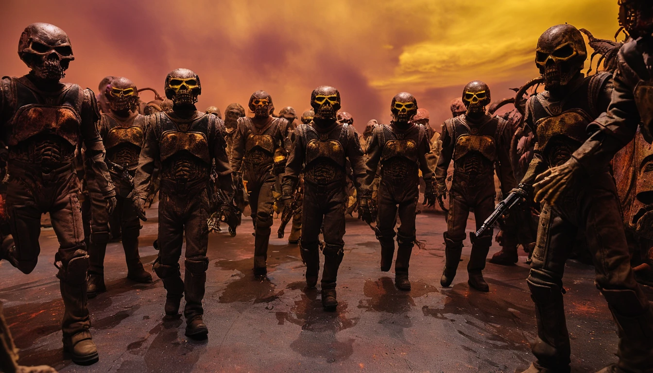 in (medium full shot:3.1), of lot of characters walking from (Galaxy of Terror, with yellow sky:3.1), inspired by style of Zdzislaw Beksinski art, in apocalypse of chaotic world, monsters, robots, daemons, aliens, mutant  (with Creepy, Sci-Fi, Fantasy and Horror:2.9) retro sci fi, Horror movie, ((Cinematic film)), ((Ultra Detailed)), Complex, ((Sharp Focus)), Object Texture, Studio Photo, Complex Details, ((Highly Detailed)), Photo Real Style, ((Hyper-realistic)), High Dynamic Range, ((Realistic Textures)), 8K UHD, Nikon D 850, Kodak Portra 400, Fujifilm XT, (3D rendering:3.1)