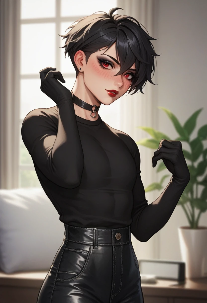 1boy, black eyeliner, male medium length mullet hairstyle, medium sharp hair texture, black hair, handsome, red eyes, black long gloves, black oversize clothes, room, red lipstick, femboy, blush, thin waist, black sweater, black oversize pants, choker, beautiful face, black oversize shirt,