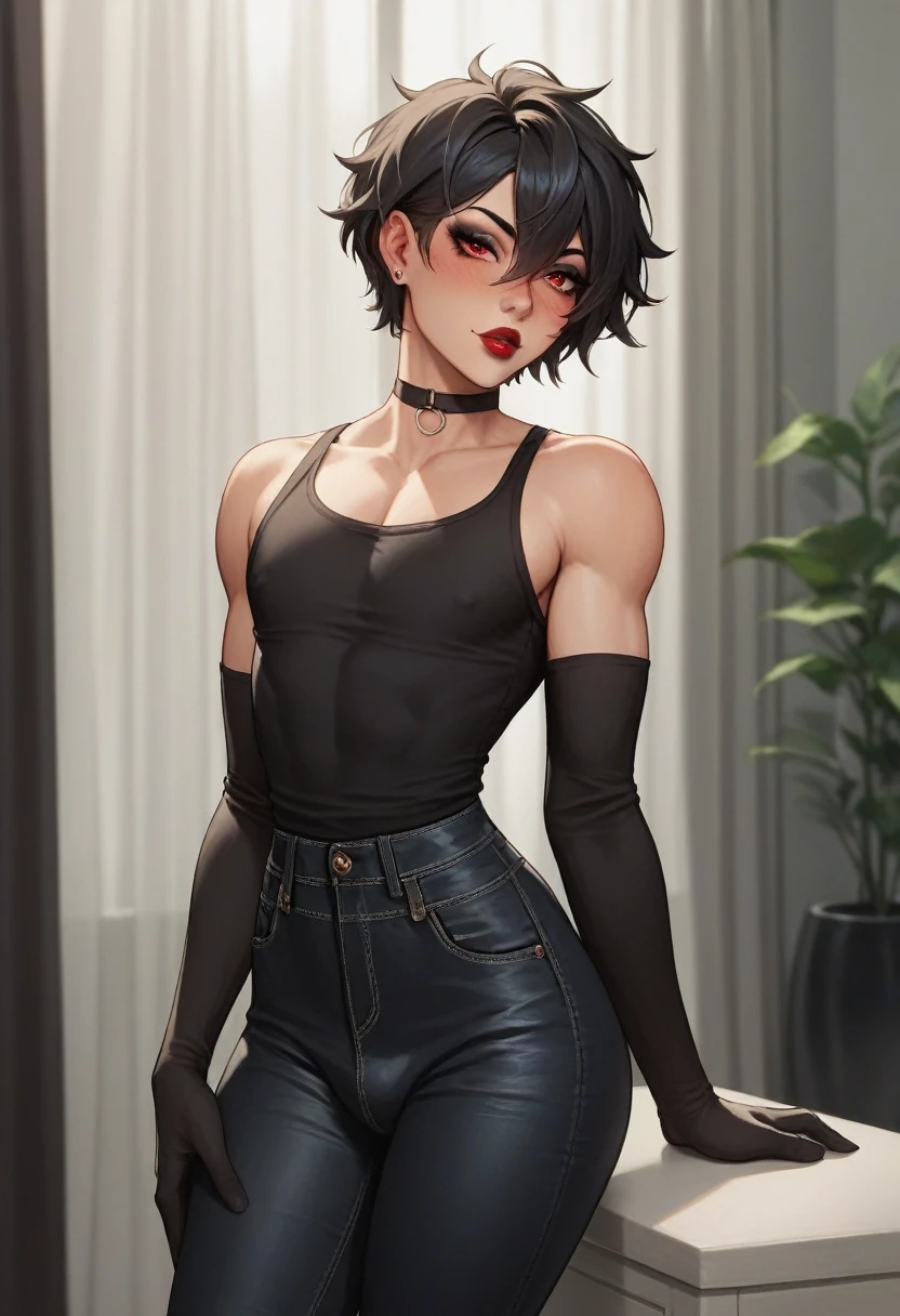 1boy, black eyeliner, male medium length mullet hairstyle, medium sharp hair texture, black hair, handsome, red eyes, black long gloves, black oversize clothes, room, red lipstick, femboy, blush, thin waist, black sweater, black oversize pants, choker, beautiful face, black oversize shirt,