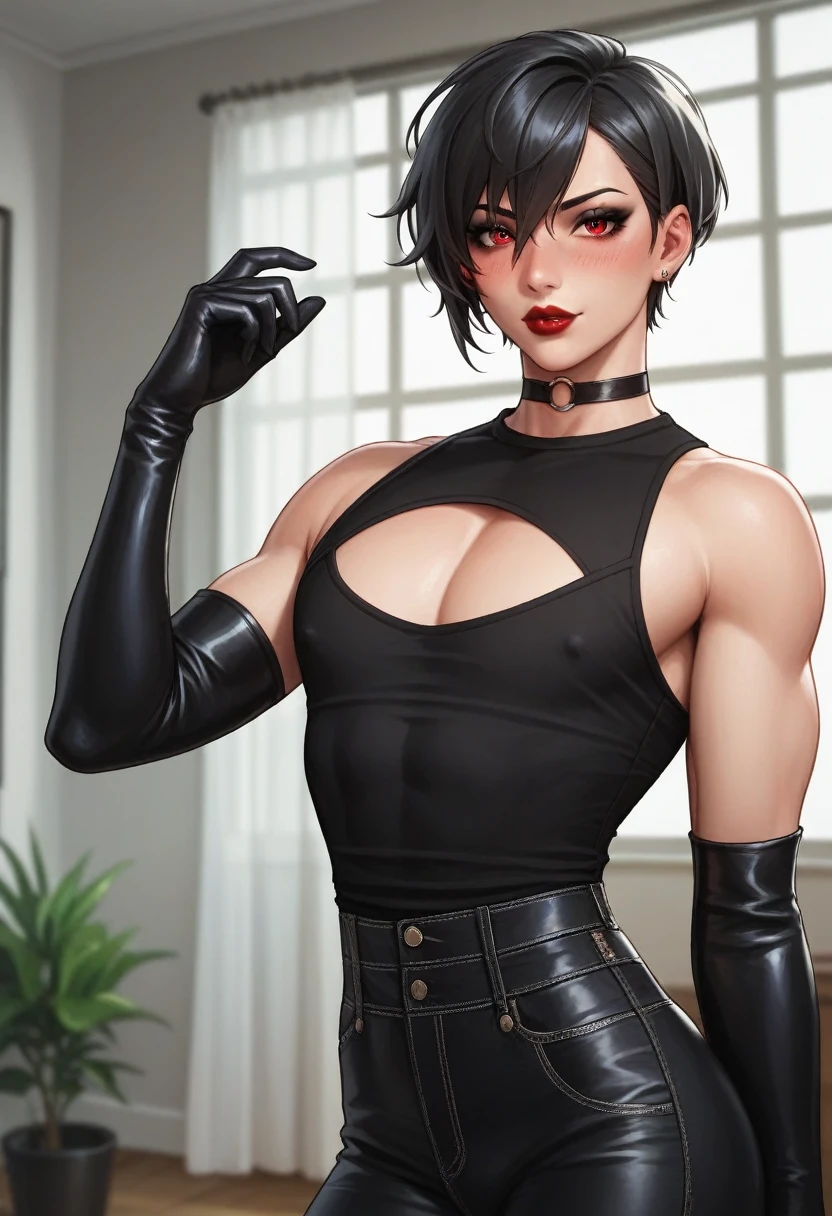 1boy, black eyeliner, male medium length mullet hairstyle, medium sharp hair texture, black hair, handsome, red eyes, black long gloves, black oversize clothes, room, red lipstick, femboy, blush, thin waist, black sweater, black oversize pants, choker, beautiful face, black oversize shirt,