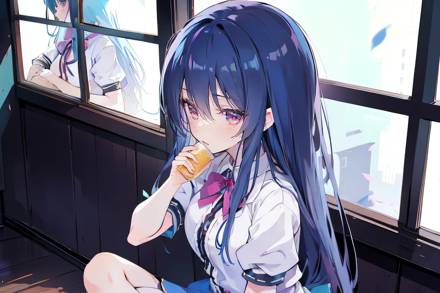 Anime Girl sitting on window sill drinking coffee and looking out the window, (Anime Girl), Anime cute art style, seductive Anime Girl, Beautiful anime high school, Cute girl anime visual, Night Core, Best Girl in Anime, young Anime Girl,dark blue long hair,Sit by the window