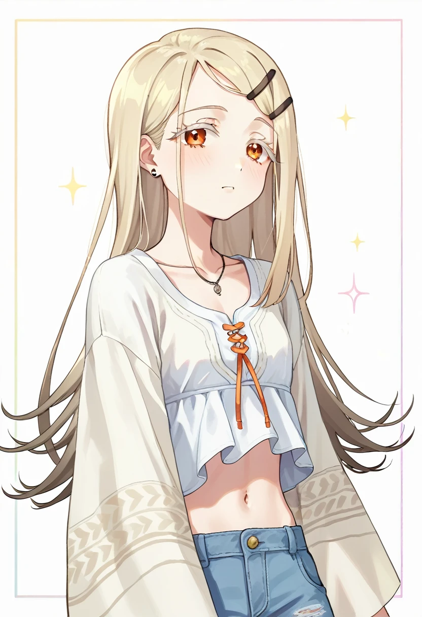 hiro-default,shinosawa hiro,slender,orange eyes,white eyelashes,blonde hair,long hair,hairclip、[[[[[[early pregnancy]]]]]], thin belly, girl, solo, best quality, very aesthetic, nsfw、白いマイクロビキニ