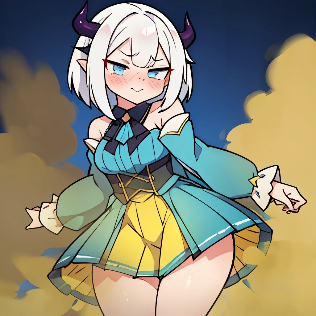 Cute white-haired succubus girl farting（HUD’s two-dimensional face）,Wearing a short light blue skirt，farting(yellow smoke)，