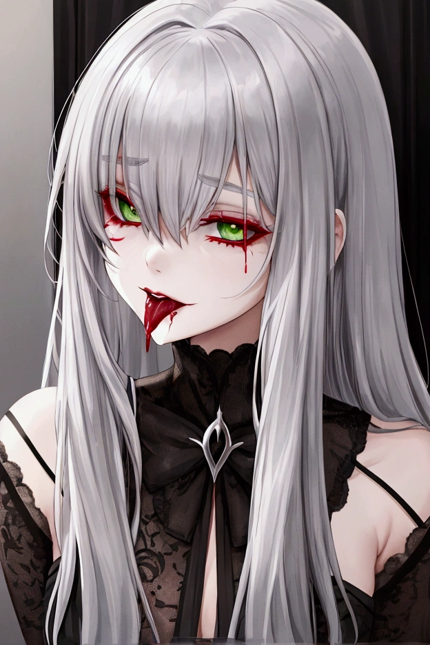 vampire,Silver Hair,girl,Green Eyes,Licking one's lips,Blood dripping onto the tongue,1 person