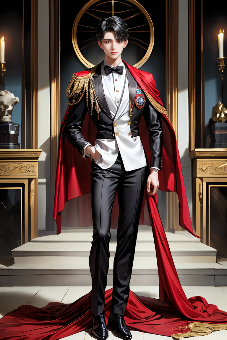 masterpiece, 最high quality, high quality, 1 boy, alone, Male focus, Watching the audience, Messy black hair, Adorable big blue eyes, White people, Noble, Noble,A black and red cape bursting with sexy volume、Tuxedo、A very voluminous, large, very large, very large, long, long red and black cape with a high stand-up collar, made of a lot of fabric that reaches down to the floor., ,Cute beautiful boys,Cute, cute, kind, handsome guy