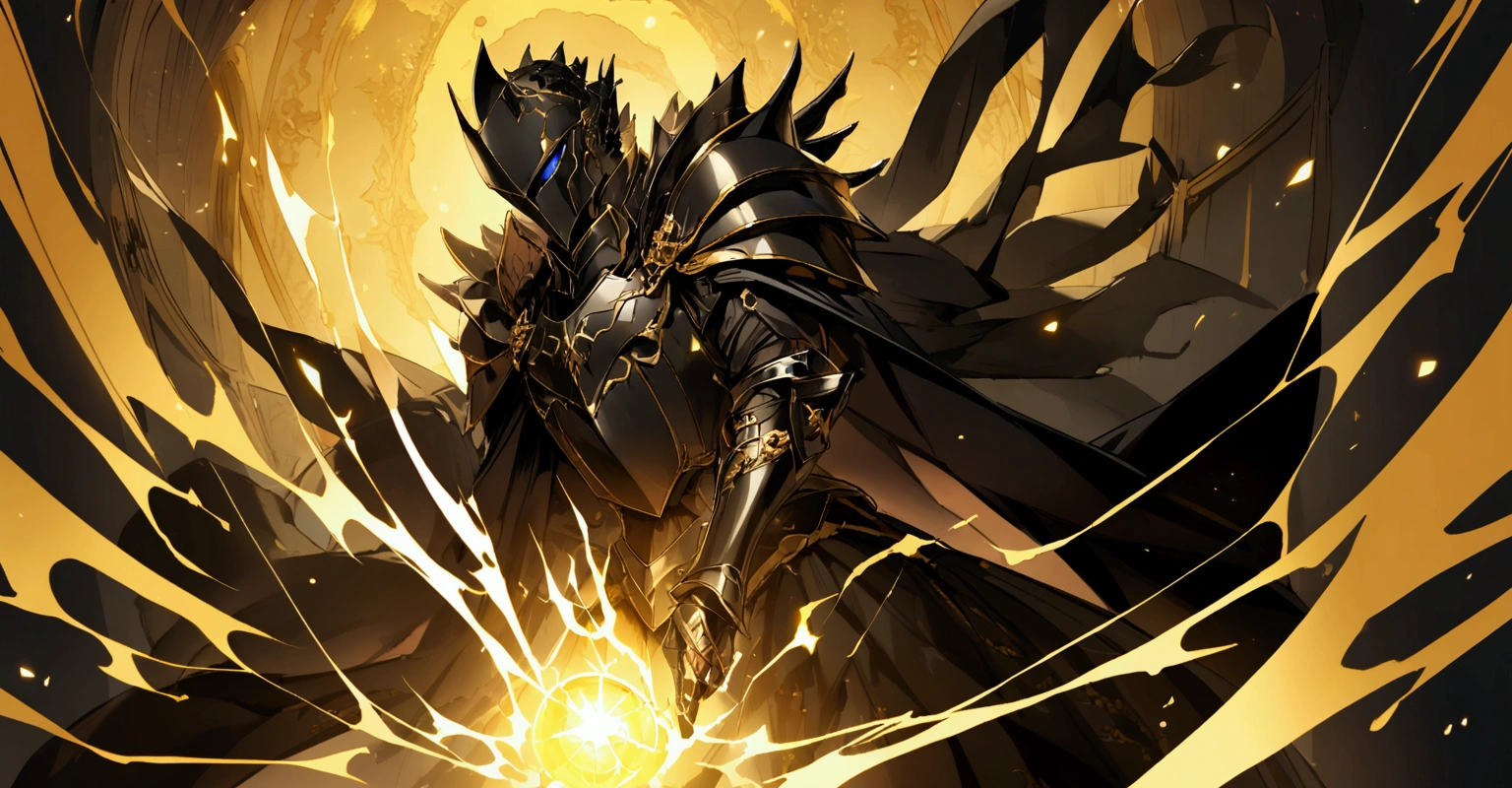 A knight in full black armor with gold details in a setting with a magical yellow aura