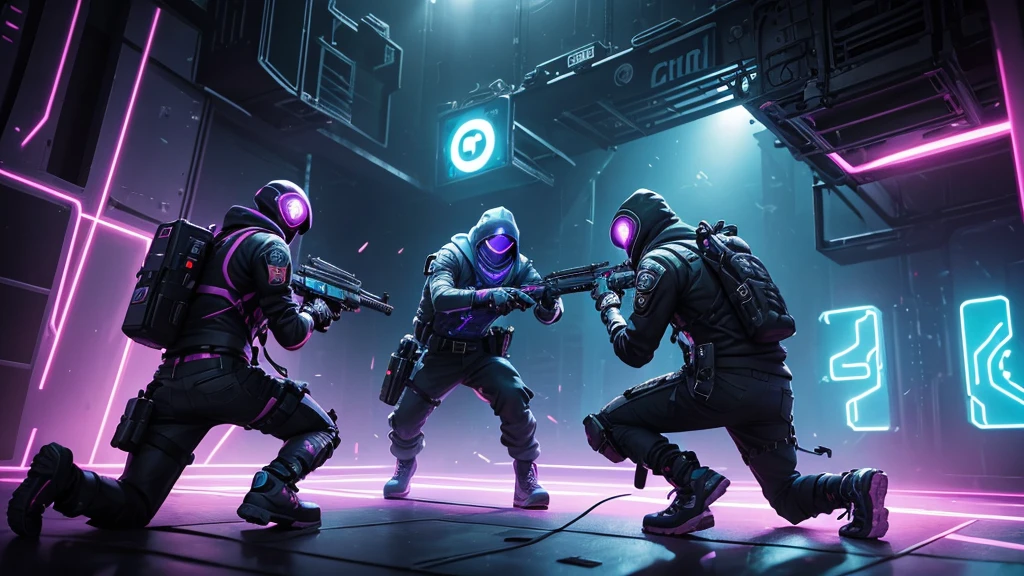 Create a mysterious and captivating video game-style miniature featuring two professional Fortnite players, Mero and Cooper. The scene takes place in a futuristic Fortnite arena, with neon lights and high-quality graphics. Mero and Cooper are shown in Fortnite combat gear, armed with their iconic weapons, ready for action. Add special effects such as energy flashes and explosions in the background to accentuate the dynamism of the scene. Mero and Cooper's expressions should reflect the determination and excitement of competitive play. Use bright, contrasting colors to draw attention, with dramatic lighting that highlights the characters. Incorporate mysterious elements such as shadows or enigmatic symbols to pique viewers' curiosity.