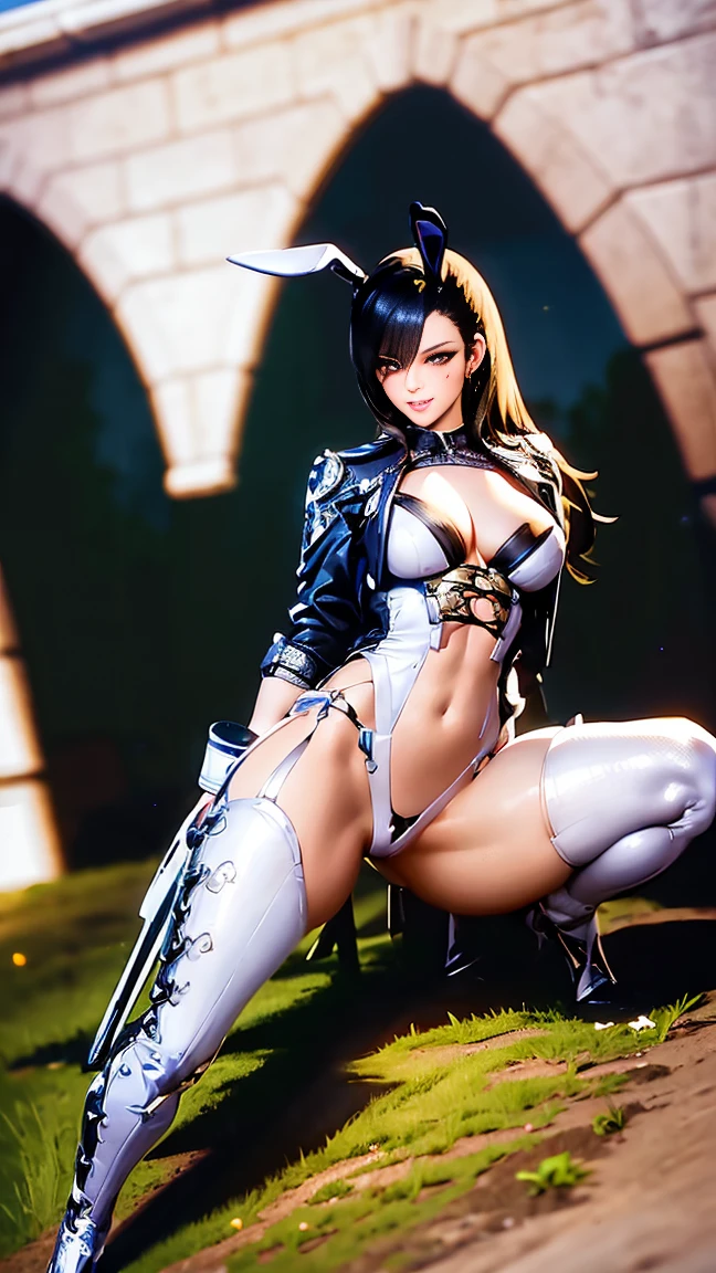 Woman with perfect body, Bunny The First Descendant Ultimate Skin, dressed in a colan sex and fitted to the body with white, black and chrome details and with her legs showing, in front of her full body, with eyes and mouth showing
