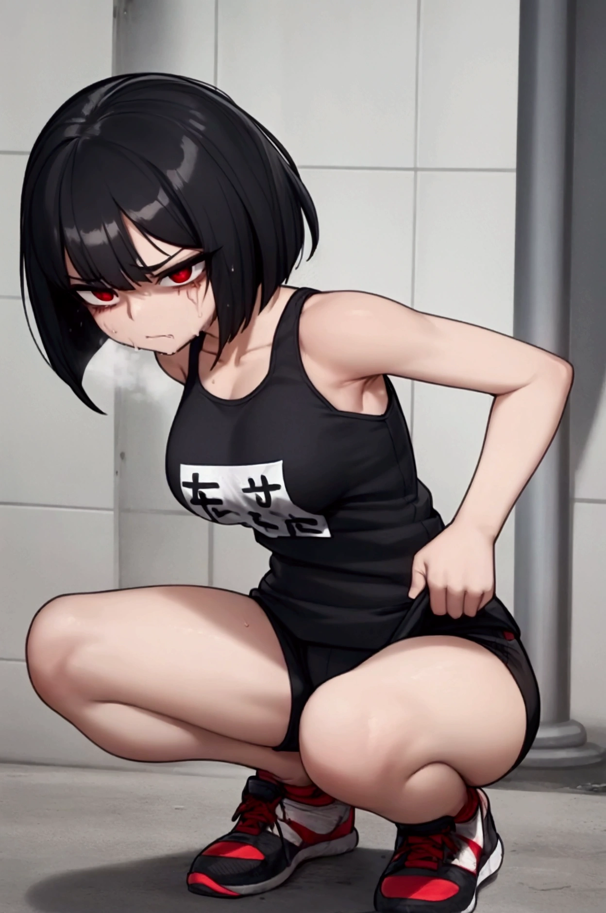 Girl, black hair, bob, red eyes, marathon runner, rolling her eyes, squatting down, looking in pain, sweating, white and red tank top, shorts, marathon shoes